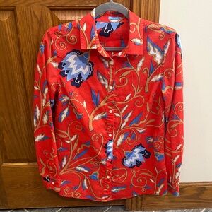 J. McLaughlin Lois Red and Blue Floral Button Down Shirt, Small, Colorful Preppy